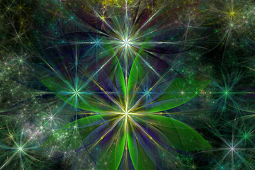Abstract fractal background with a large star like space flowers intricate decorative stars, all in glowing green,purple,violet