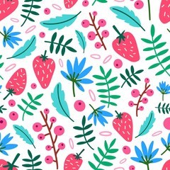 Motley seamless pattern with summer strawberries, flowers and leaves on white background. Botanical backdrop with ripe wild berries and foliage. Flat vector illustration for wrapping paper, wallpaper.