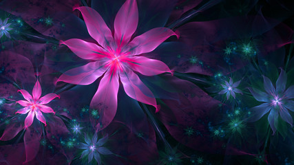 Abstract fractal background with large star like space flower with intricate decorative geometric pattern and intricate petals, all in glowing pink,purple,blue