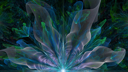 Naklejka premium Abstract fractal background with large star like space flower with intricate decorative geometric pattern and intricate petals, all in glowing blue,pink,green