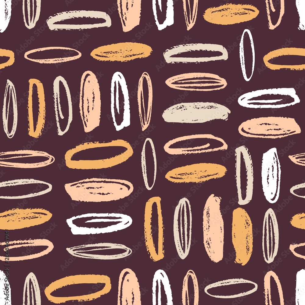 Poster Artistic seamless pattern with vertical and horizontal rows of colorful oval stains on brown background. Modern backdrop with rounded paint marks. Abstract vector illustration for wrapping paper.