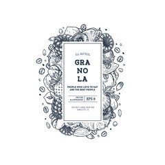 Granola vertical design template. Engraved style illustration. Various berries, fruits and nuts. Vector illustration - obrazy, fototapety, plakaty