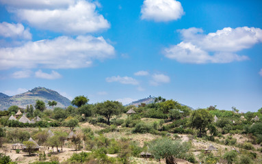 Rural traditional village with huts in Southern Ethiopia.