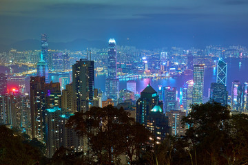 The famous view from Victoria Peak to Victoria Harbor and Hong Kong at night