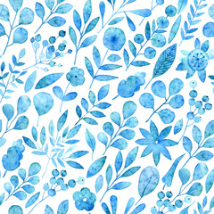 Fototapeta na wymiar Seamless watercolor pattern of simple silhouettes of blue flowers.