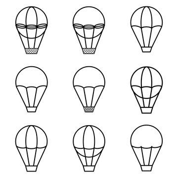 aerostats collection icon. balloon for travel. flat design, black line isolated on white. vector image
