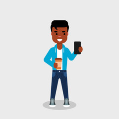 Young African American man holds coffee to go in hand while looking at his cell phone. Geek enjoys drink in a disposable cup. Young smiling, casual dressed man drinking cappuccino and texting. Vector