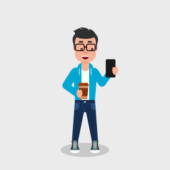 Young man holds coffee to go in hand while looking at his cell phone. Geek enjoys drink in a disposable paper cup. Young smiling casual dressed man drinking cappuccino and texting. Vector illustration