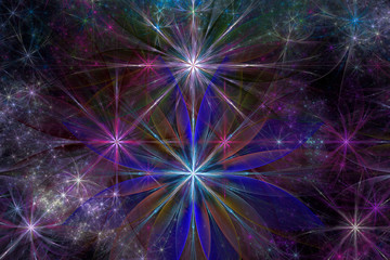 Fototapeta na wymiar Abstract fractal background with a large star like space flowers intricate decorative stars, all in glowing purple,pink,blue