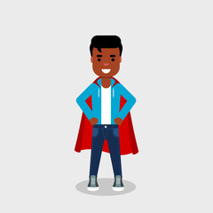 Young African American man wearing a superhero costume. Self confidence, self esteem, proud, concept. Smiling character in super hero pose with a red cloak. Vector illustration, flat style, clip art. 