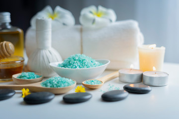 Composition of spa and wellness products on table background, wellness and relaxation concept