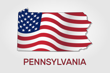 Map of the state of Pennsylvania in combination with a waving the flag of the United States. Pennsylvania silhouette or borders for geographic themes - Vector