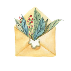 A large envelope with a bouquet of leaves and berries. Watercolor.