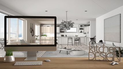 Architect designer project concept, wooden table with house keys, 3D letters words kitchen design and desktop showing draft, blueprint CAD sketch in the background, white interior design