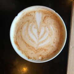 Latte art view on a glass of coffee.