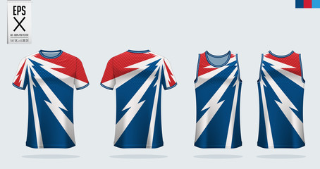T-shirt sport mockup template design for soccer jersey, football kit, tank top for basketball jersey and running singlet. Sport uniform in front view and back view.  Vector Illustration.