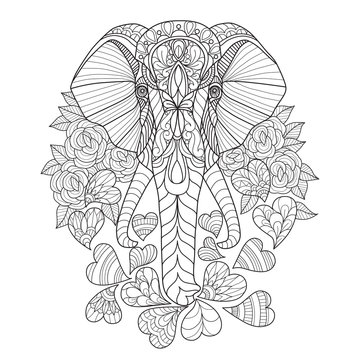 Hand drawn sketch illustration of elephant and flowers for adult coloring book.