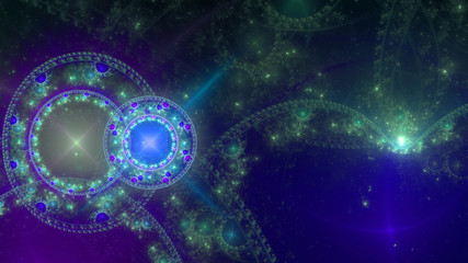 Abstract intricate extravagant fractal background made out of interconnected rings, stars and decorative twisted patterns in shining pink,blue green,purple