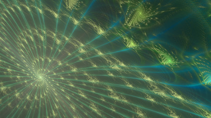 Abstract spiraling stars and large twisted spirals and rings in glowing green,yellow,blue