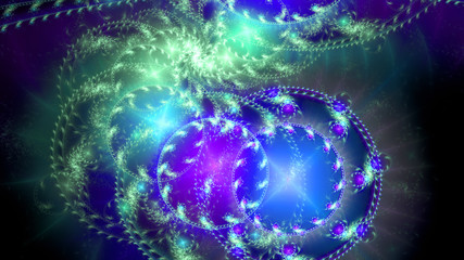 Obraz premium Abstract fractal background of stars with decorative discs and various patterns forming a large decorative spiral in blue,purple,green