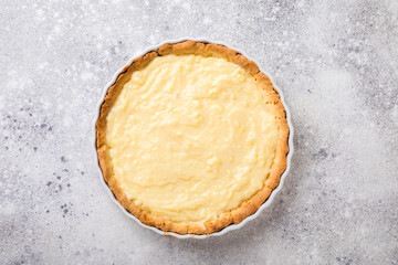 Cooking the cake with custard. Baking. Preparations for the tarta. 