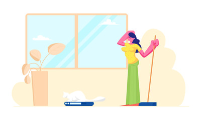 Obraz premium Smart Technologies in Human Life. Woman Use Robot in Household Chores, Automated Vacuum Cleaner Doing Housework. Internet of Things Automation, Artificial Intelligence Cartoon Flat Vector Illustration
