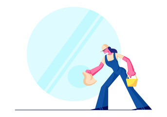 Cleaning Service, Female Character Wearing Blue Uniform Overalls Washing and Wiping Window with Rag. Woman Employee of Professional Cleaning Company Working Process. Cartoon Flat Vector Illustration