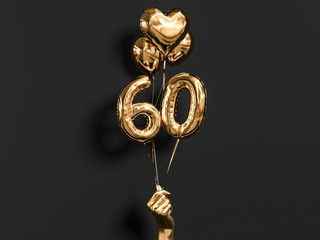 60 years old. Gold and black Number 60th anniversary, happy birthday congratulations. 3d rendering.