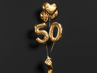 50 years old. Gold and black Number 50th anniversary, happy birthday congratulations. 3d rendering. - obrazy, fototapety, plakaty