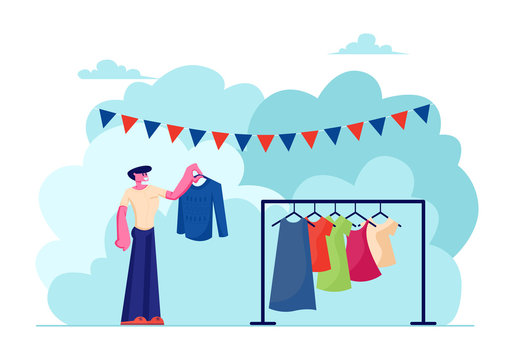 Male Character Choose Clothing to Buy during Outdoor Garage Sale Event. Man Watching Different Old Clothing on Hanger at Weekend Fair, Spare Time Recreation, Leisure Cartoon Flat Vector Illustration