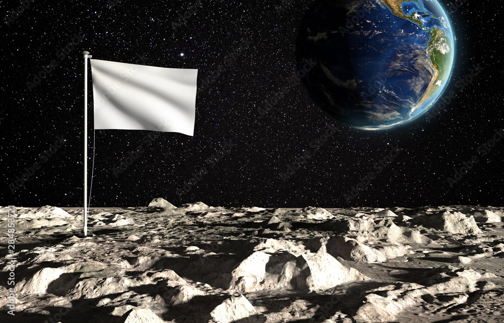 Wall mural the surface of the moon with a blank state flag and the planet earth on a background of the starry s