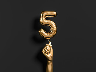 Five year birthday. Golden hand holding Number 5 foil balloon.  Five-year anniversary background. 3d rendering
