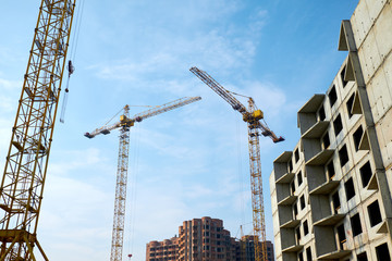 Construction cranes and buildings against the sky