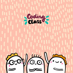 Coding class hand drawn vector illustration in cartoon style. Group of people together cheer