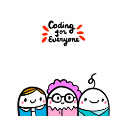 Coding for everyone hand drawn vector illustration in cartoon style. Manager old woman baby
