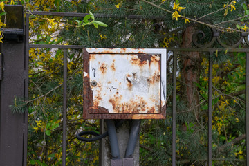 old rusty mailbox on green background