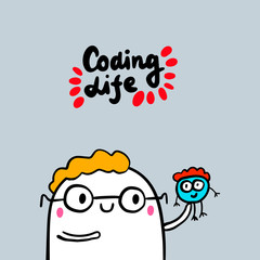 Coding life hand drawn vector illustration in cartoon style. Man holding programmer