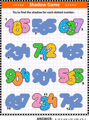 Educational shadow matching math puzzle or game for kids with colorful dotted numbers. Answer included.