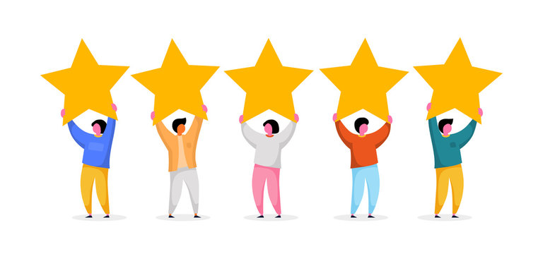 Five stars rating flat style vector concept. People are holding stars. Feedback consumer or customer review evaluation, satisfaction level and critic background.