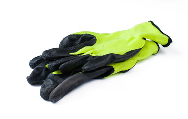Green gloves isolated on white background.Copy space