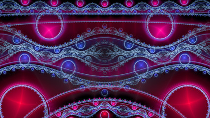 Abstract intricate extravagant fractal background made out of interconnected rings, stars and decorative twisted patterns in shining blue,pink,violet