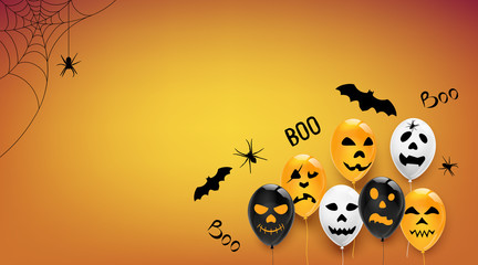 Banner halloween, balloons with scary emotions silhouette spider and bat, boo inscription. Vector illustration.