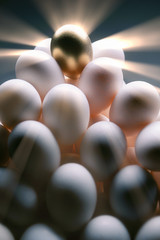 Single golden egg sitting on top of a pile of white eggs.