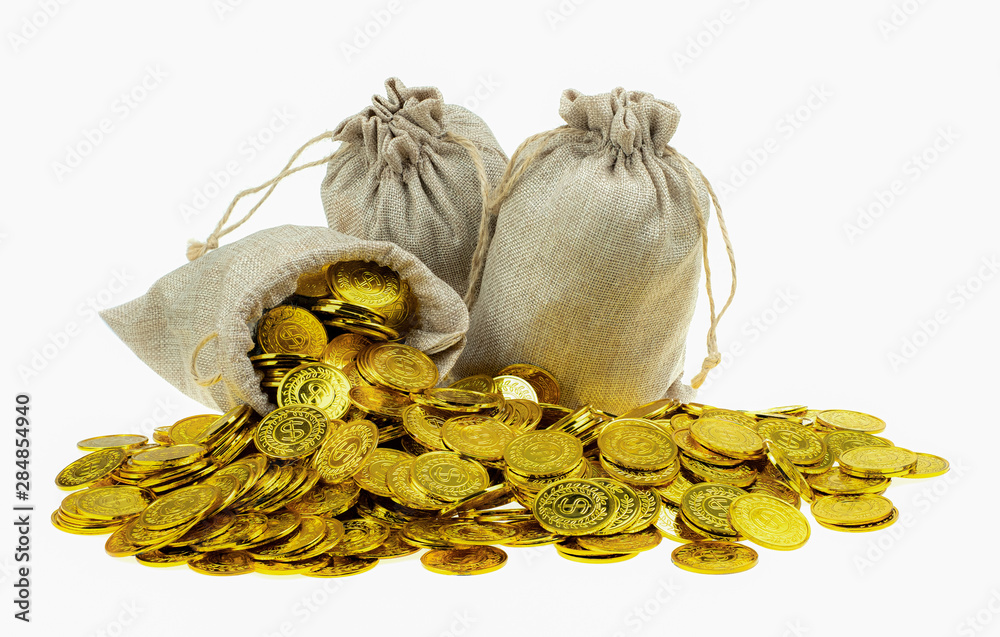 Wall mural stacking gold coin in treasure sack on white background