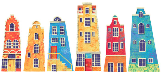 Fototapeta na wymiar Set of bright cute Amsterdam Europe houses. Hand drawn illustration.