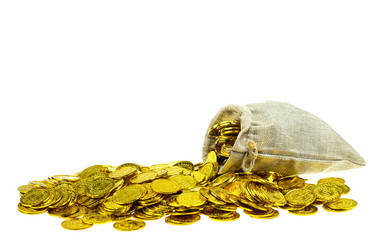 Stacking gold coin in treasure sack on white background