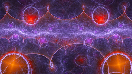 Obraz premium Abstract intricate extravagant fractal background made out of interconnected rings, stars and decorative twisted patterns in shining red,pink,violet