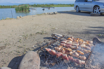 Meat on skewers fried on the grill in the open air, visible hands of the cook. Fishing adventures, relaxation, picnic