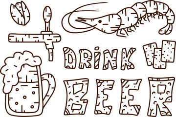 Contour lettering drink beer with snacks. Rectangular doodle illustration for menu pubs and bars. Isolated patterned vector elements