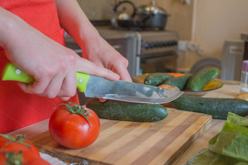 Young woman cooking healthy meal in the kitchen. Cooking healthy food. Woman in kitchen preparing vegetables